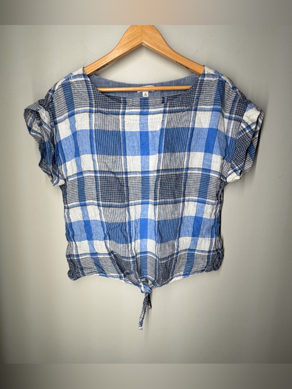 L.L. Bean Signature 100% Linen Blue Madras Plaid Tie Front Boxy Boat Neck Blouse